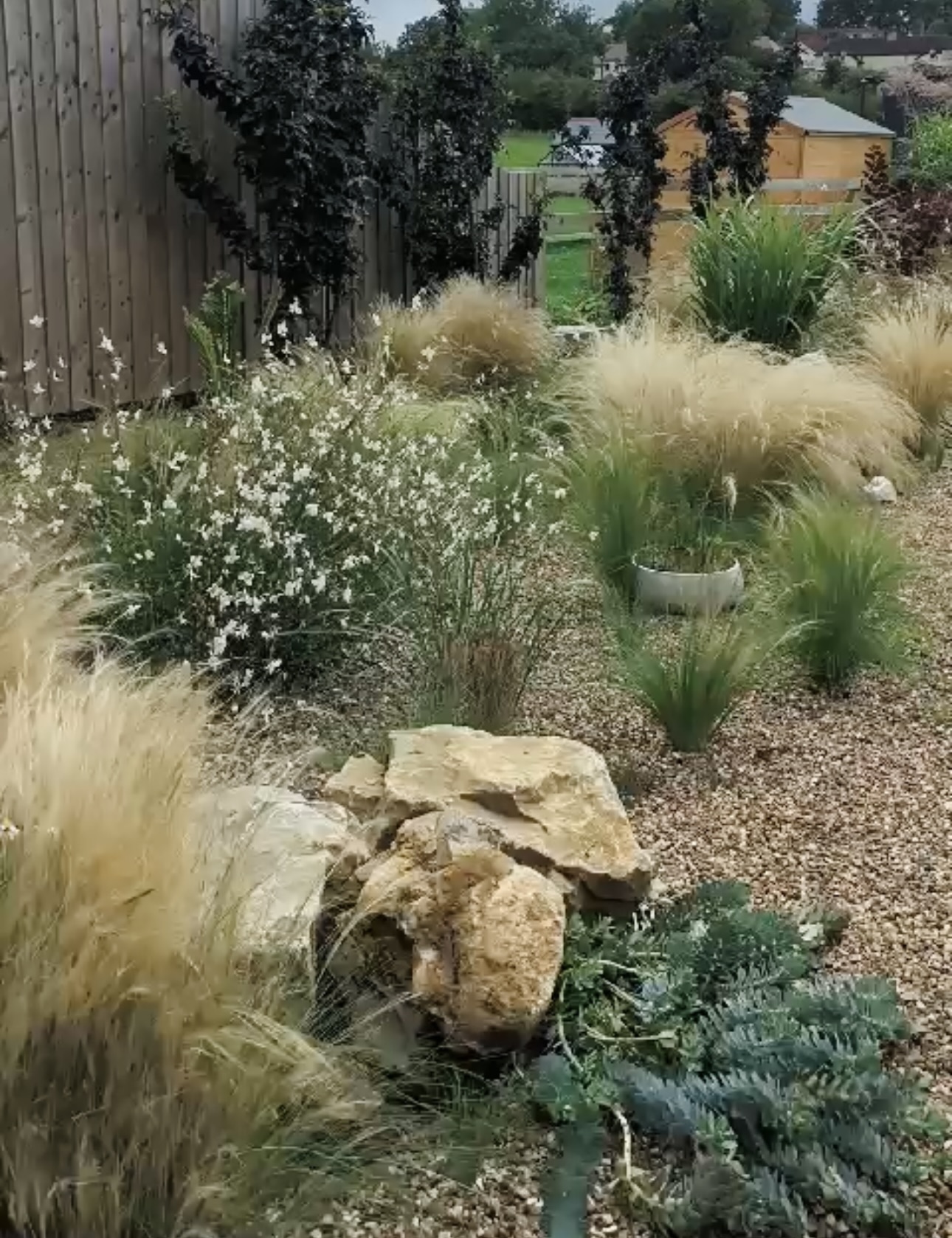 The Miner’s Retreat flowering plants around rustic stones